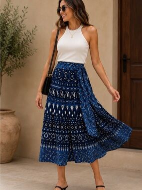 HER STILE FITS FOR ALL  Boho Chic Wrap-around Maxi Skirt - Indigo Blue Print |